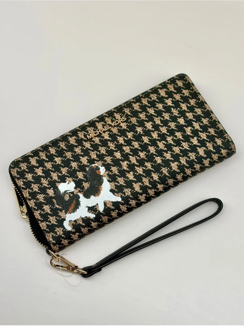 Michael Kors Black & Beige Houndstooth Continental Wallet with Dog Appliqué